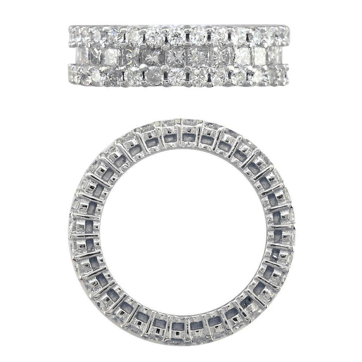 3 Row Round and Princess Cut Diamond Eternity Ring, 3.40CT in 14K White Gold