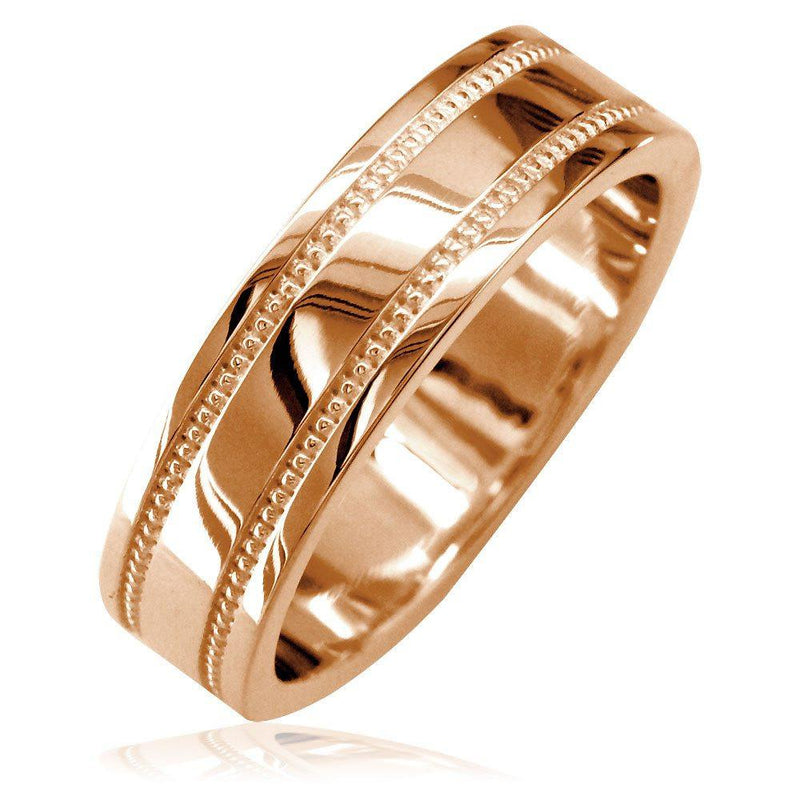 Mens Flat Wedding Band with Bead Detail, 6mm in 14k Pink Gold