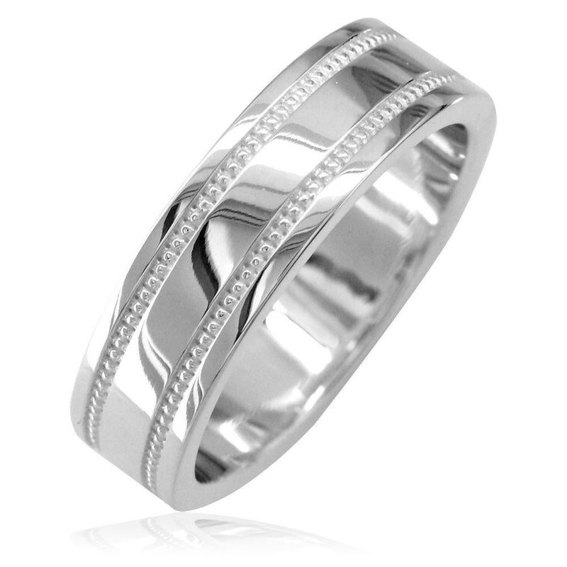Mens Flat Wedding Band with Bead Detail, 6mm in 14k White Gold