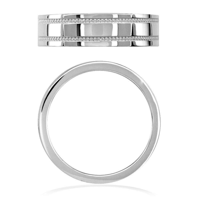 Mens Flat Wedding Band with Bead Detail, 6mm in Sterling Silver