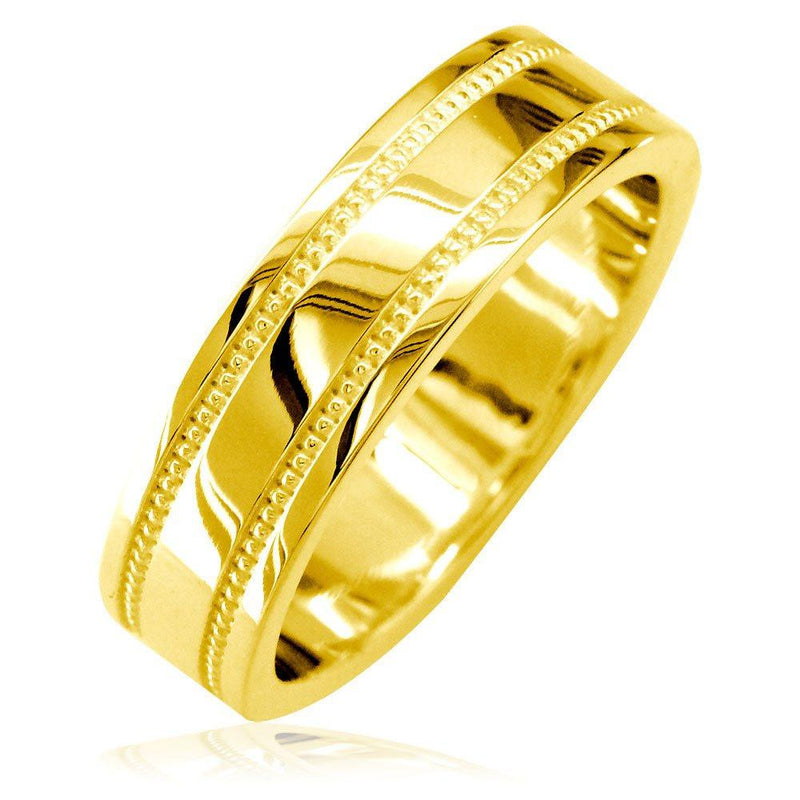 Mens Flat Wedding Band with Bead Detail, 6mm in 18k Yellow Gold