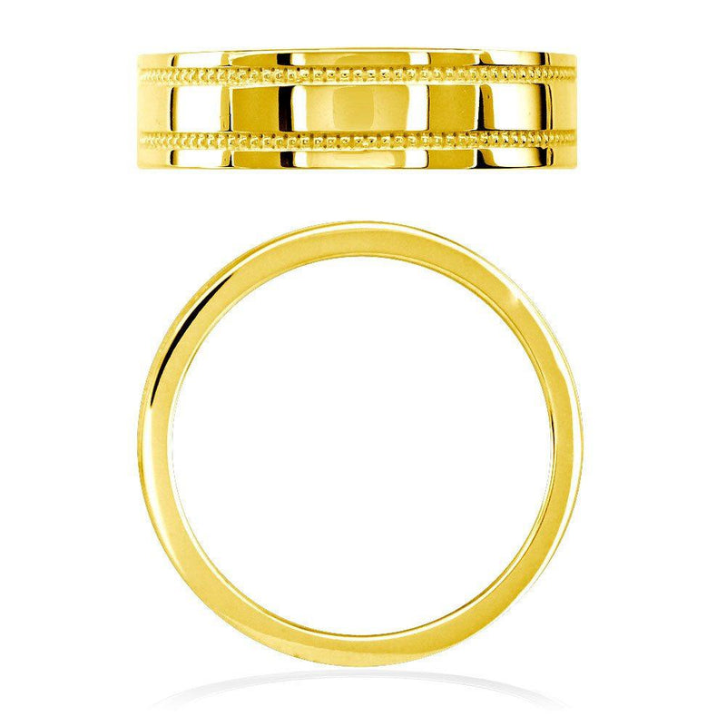 Mens Flat Wedding Band with Bead Detail, 6mm in 18k Yellow Gold