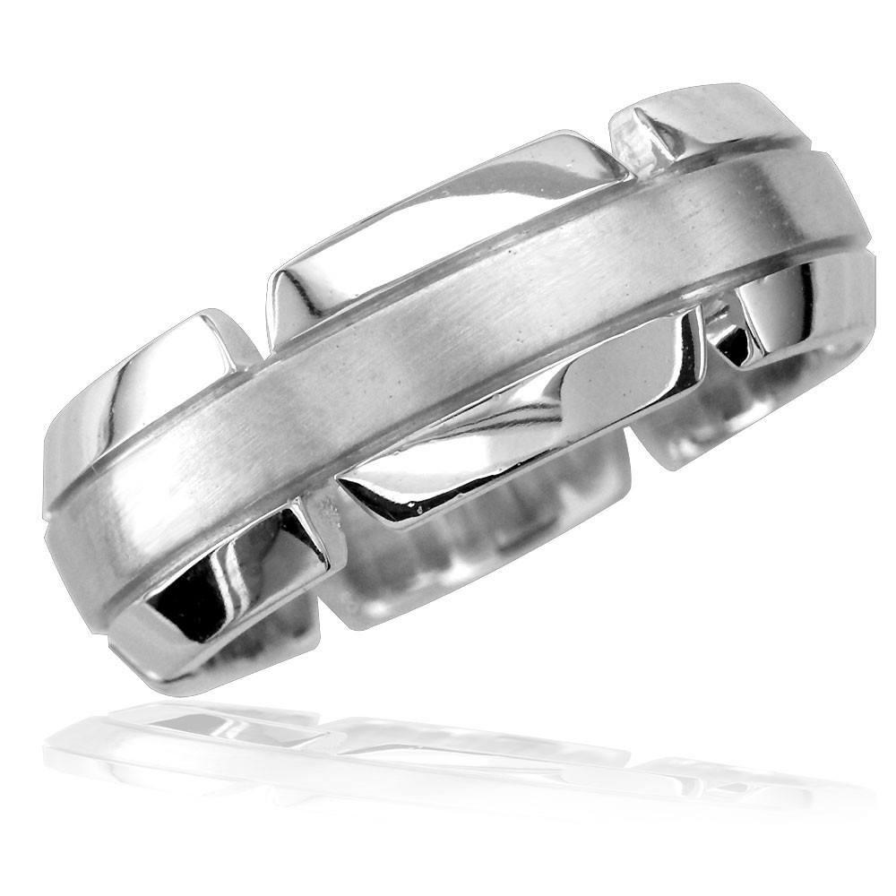 Virtu Mens 8mm Band in 14K White Gold, Satin Middle, Polished and Notched Sides
