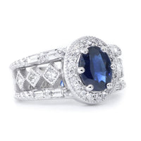 Vintage Style Oval Blue Sapphire and Diamond Halo Engagement Ring Setting, 0.82CT Diamonds in 14k White Gold