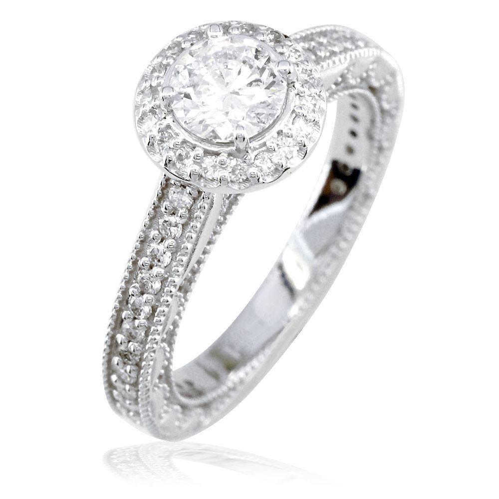Round Diamond Halo Engagement Ring Setting in 14K White Gold, 0.50CT Sides