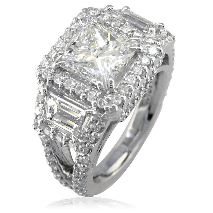 Princess Cut and Trapezoid Diamond Halo Engagement Ring Setting in 14K White Gold