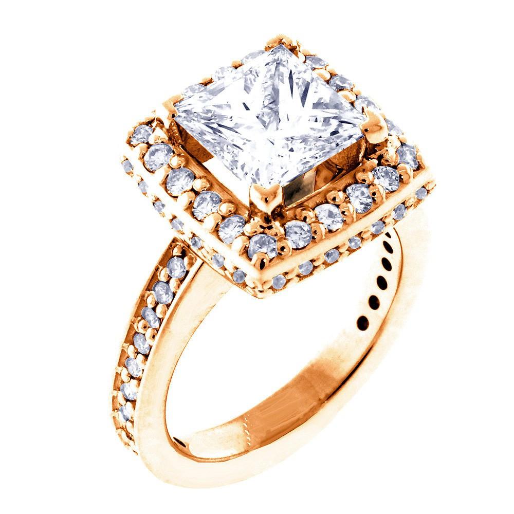 Halo Engagement Ring Setting for a Princess Cut Diamond, 0.86CT Sides in 14k Pink, Rose Gold