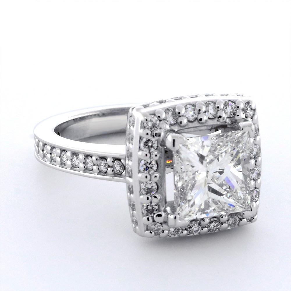 Halo Engagement Ring Setting for a Princess Cut Diamond, 0.86CT Sides in 14k White Gold