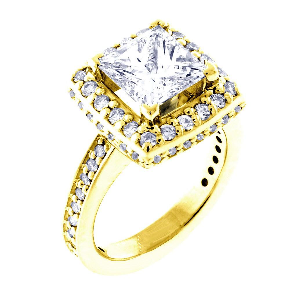 Halo Engagement Ring Setting for a Princess Cut Diamond, 0.86CT Sides in 14k Yellow Gold