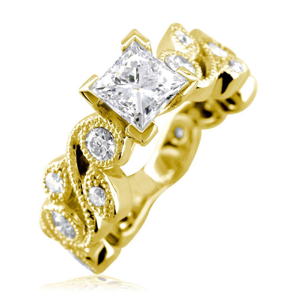 Princess Cut Diamond Engagement Ring Setting, 1.00CT Sides in 14K Yellow Gold