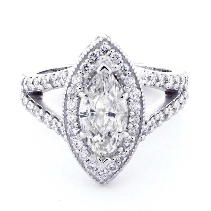 Halo Engagement Ring Setting for a Marquise Shape Diamond, 1.15CT Sides in 14k White Gold