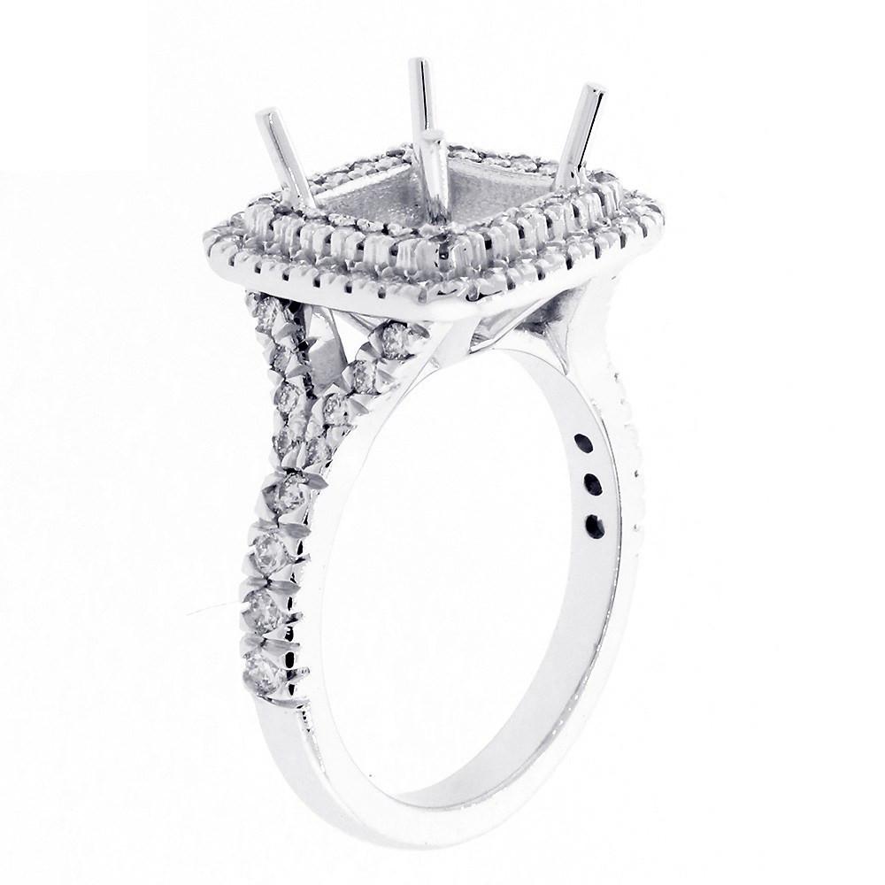 Halo Engagement Ring Setting for a Princess Cut Diamond, 0.75CT Sides in 14k White Gold