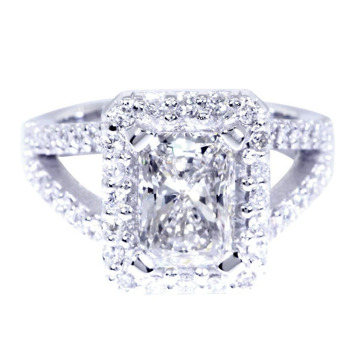 Halo Engagement Ring Setting for a Radiant or Emerald Cut Diamond, 1.0CT Sides in 14k White Gold