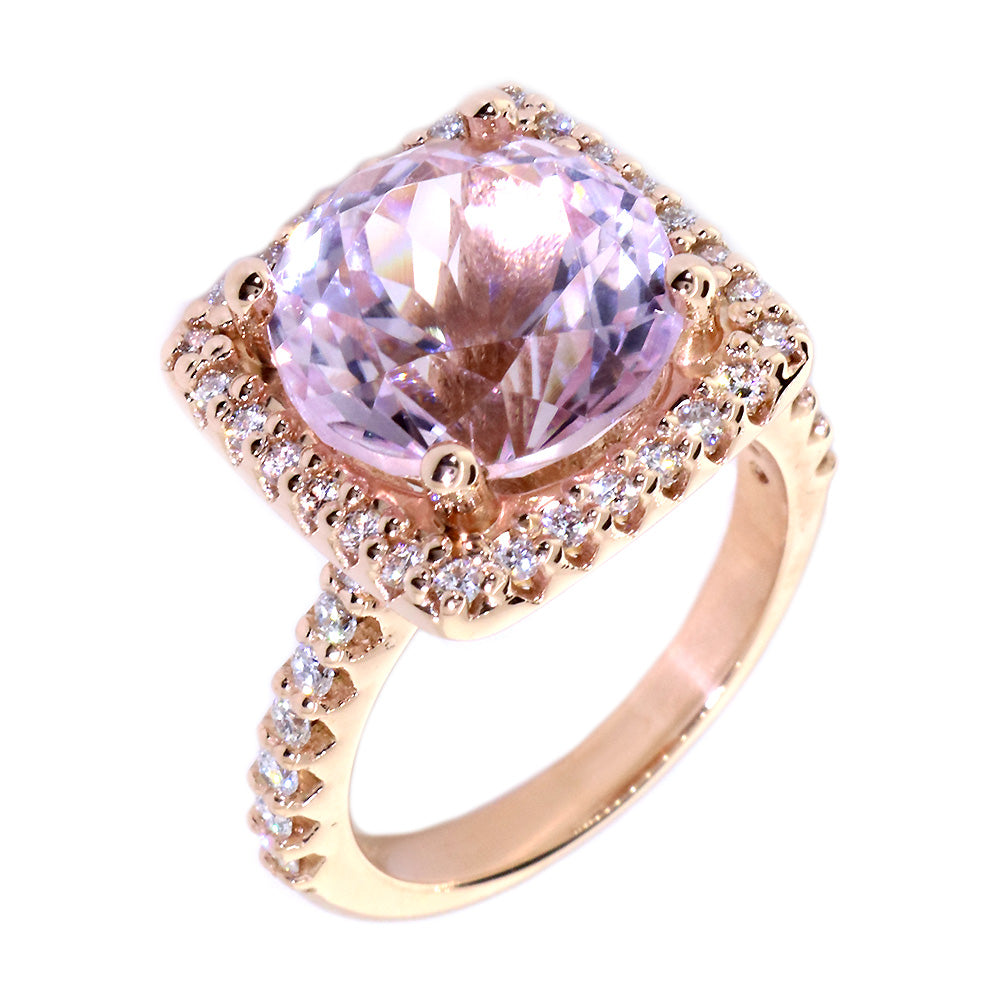 Cushion Halo 12mm Round Kunzite Center Diamond Ring, 0.50CT Total Sides in 14k Pink, Rose Gold