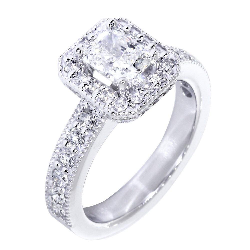 Halo Engagement Ring Setting for a Radiant or Emerald Cut Diamond, 0.71CT Sides in 18k White Gold