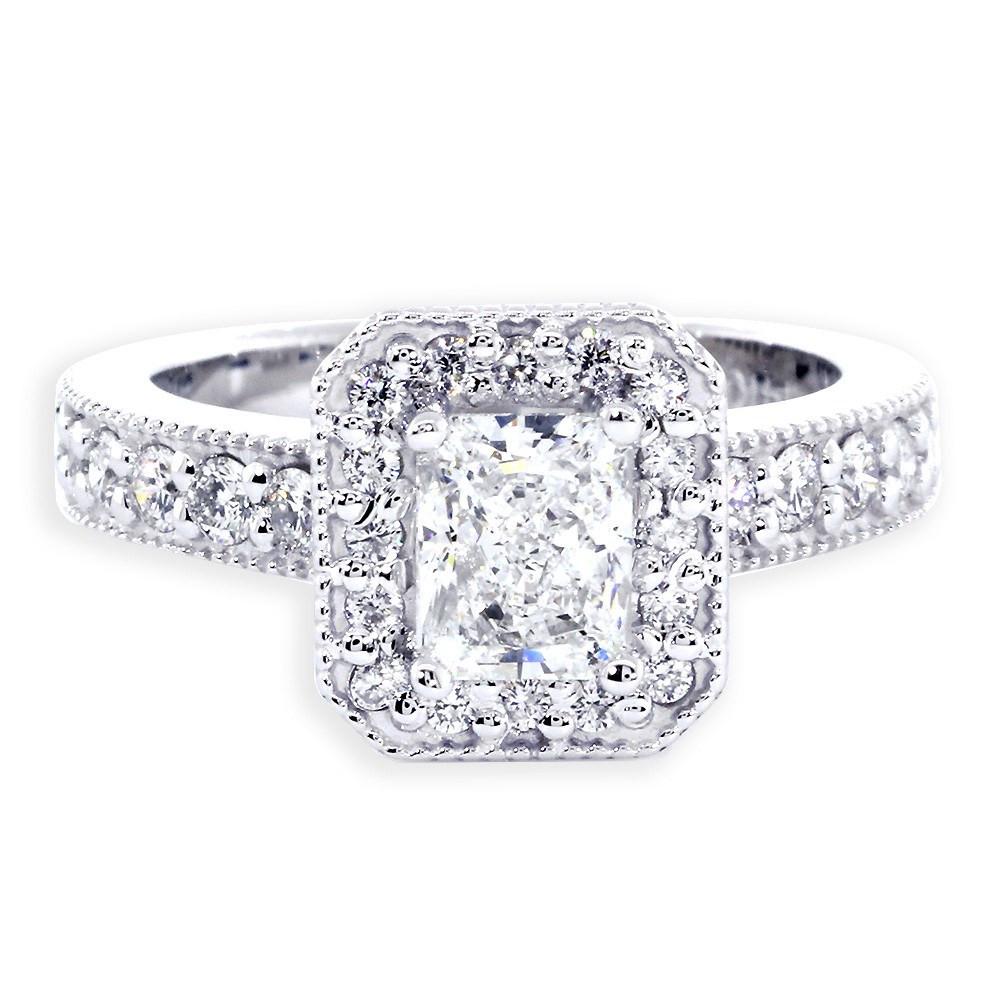 Halo Engagement Ring Setting for a Radiant or Emerald Cut Diamond, 0.71CT Sides in 14k White Gold