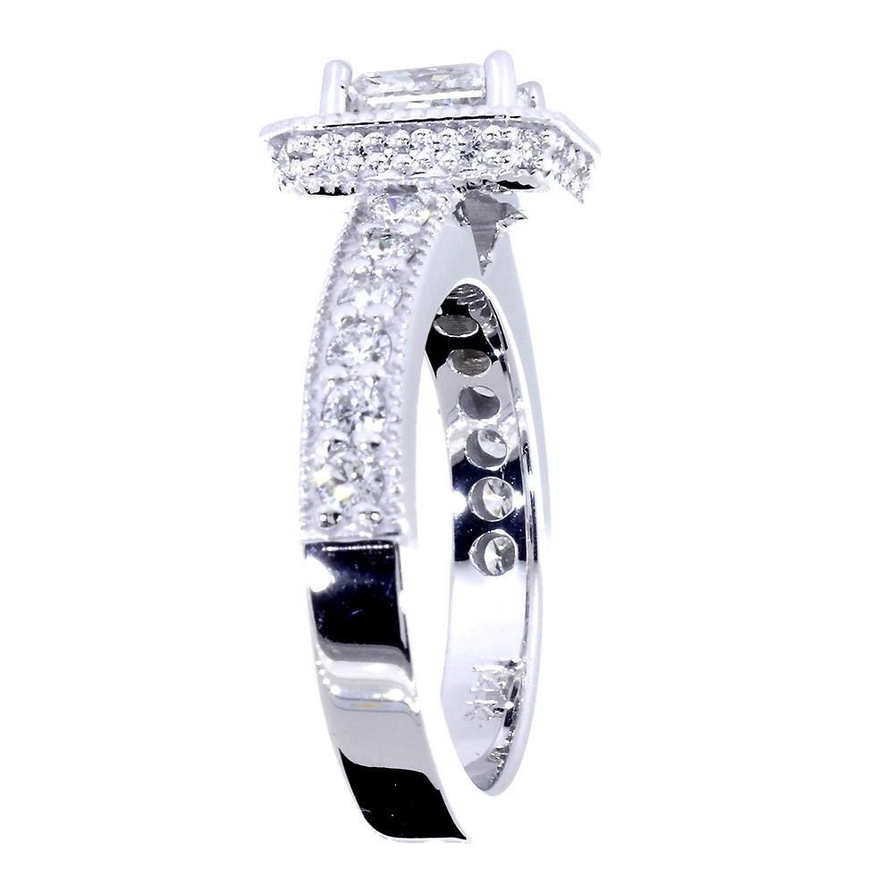 Halo Engagement Ring Setting for a Radiant or Emerald Cut Diamond, 0.71CT Sides in 14k White Gold