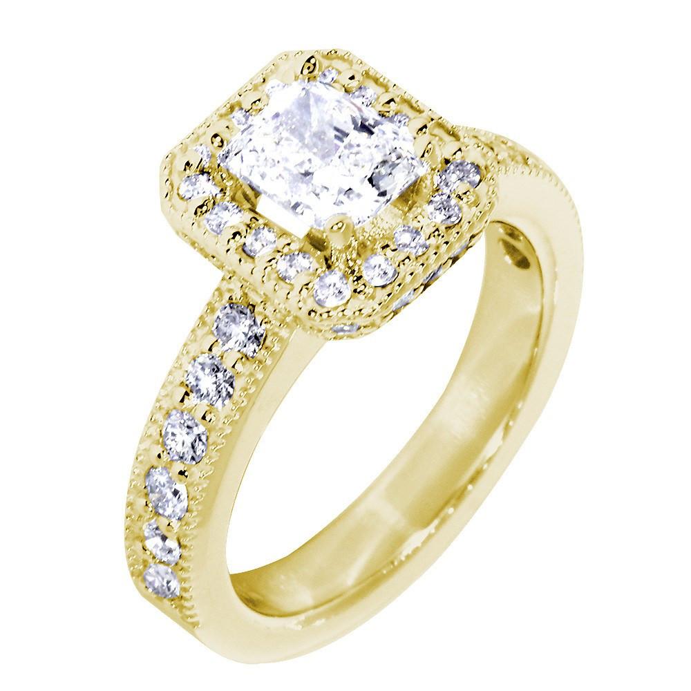 Halo Engagement Ring Setting for a Radiant or Emerald Cut Diamond, 0.71CT Sides in 14k Yellow Gold