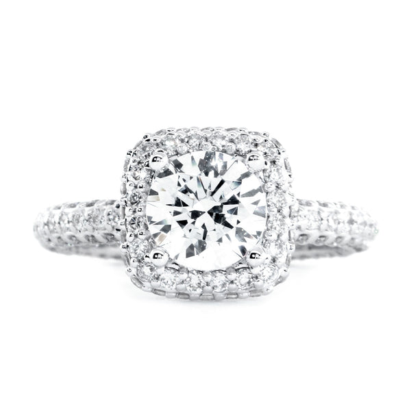 Cushion Halo 1CT Round Center Diamond Engagement Ring Setting, 1.30CT Total Sides in 14k White Gold