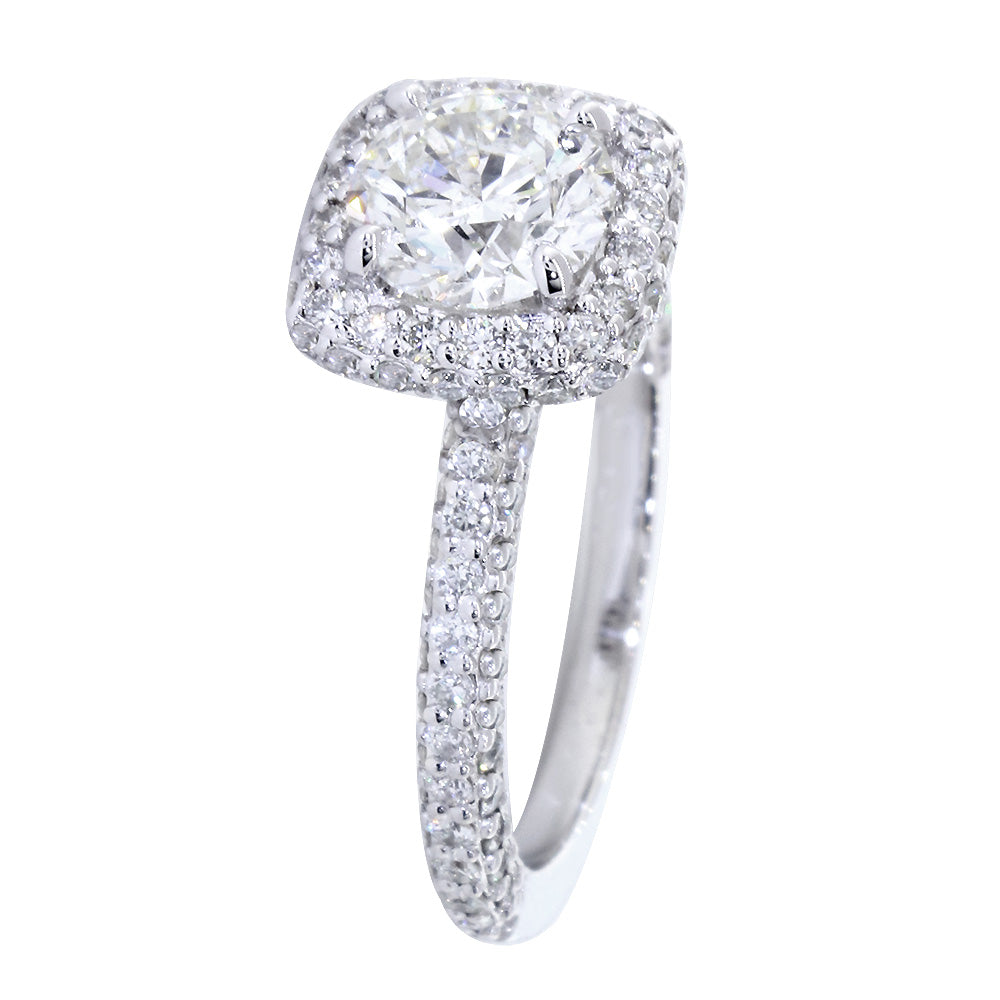 Cushion Halo Round Center Diamond Engagement Ring Setting, 1.05CT Total Sides in 14k White Gold