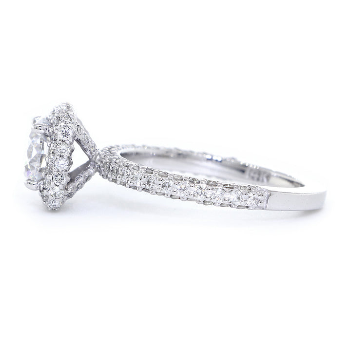 Cushion Halo Round Center Diamond Engagement Ring Setting, 1.05CT Total Sides in 14k White Gold