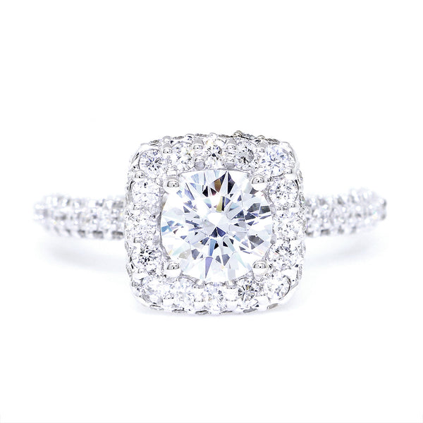 Cushion Halo and 1CT Round Diamond Center Engagement Ring Setting, 1.25CT Total Sides in 14k White Gold