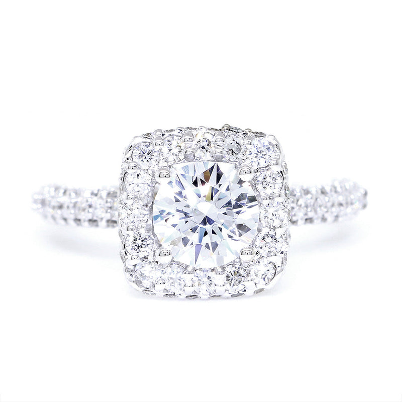 Cushion Halo and 1CT Round Diamond Center Engagement Ring Setting, 1.25CT Total Sides in 14k White Gold