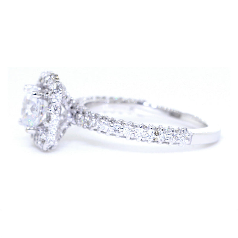 Cushion Halo and 1CT Round Diamond Center Engagement Ring Setting, 1.25CT Total Sides in 14k White Gold