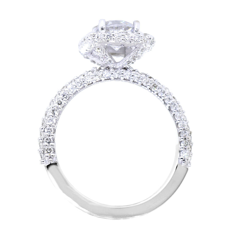 Cushion Halo and 1CT Round Diamond Center Engagement Ring Setting, 1.25CT Total Sides in 14k White Gold