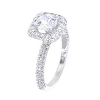 Cushion Halo and 1CT Round Diamond Center Engagement Ring Setting, 1.25CT Total Sides in 14k White Gold