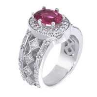 Vintage Style Oval Pink Tourmaline and Diamond Halo Engagement Ring Setting, 1.80CT Diamonds in 14k White Gold