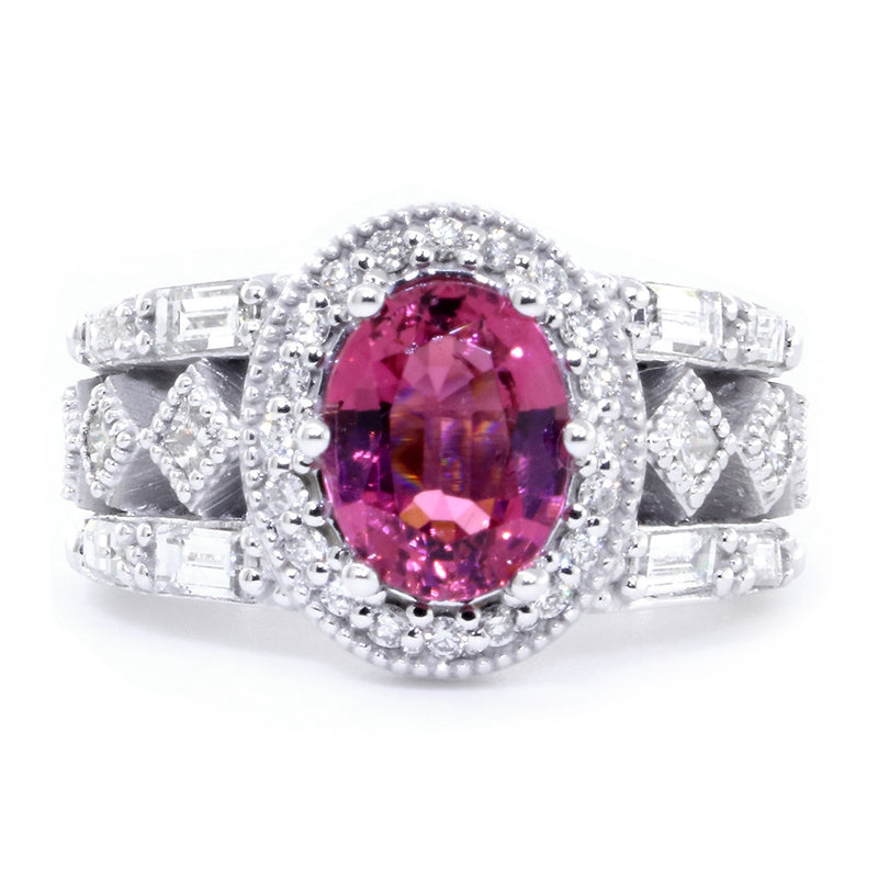 Vintage Style Oval Pink Tourmaline and Diamond Halo Engagement Ring Setting, 1.80CT Diamonds in 14k White Gold