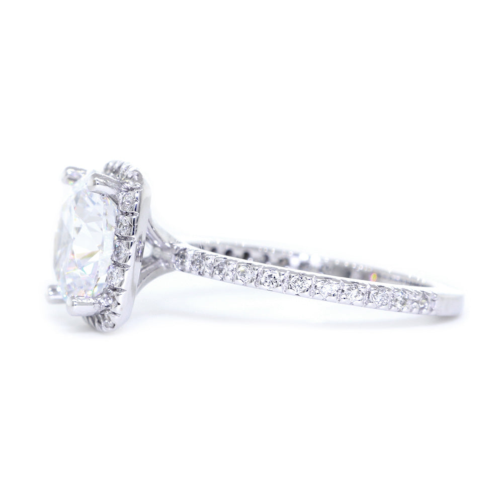 Cushion Halo 1.25CT Round Center Diamond Engagement Ring Setting, 0.37CT Total Sides in 14k White Gold