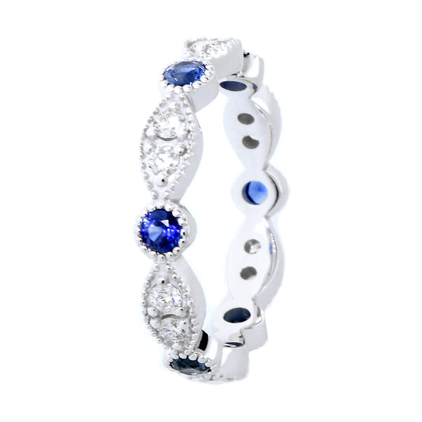 Eternity Band with Round Blue Sapphires and Diamonds, 1.1CT Total in 14K White Gold