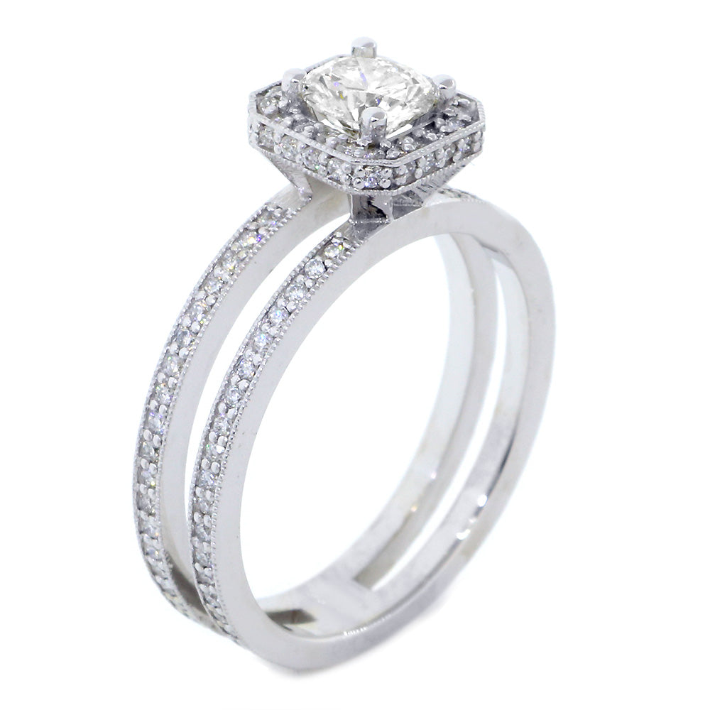 Split Band Halo Engagement Ring Setting for a Round Diamond, 0.50CT Total Sides in 14k White Gold