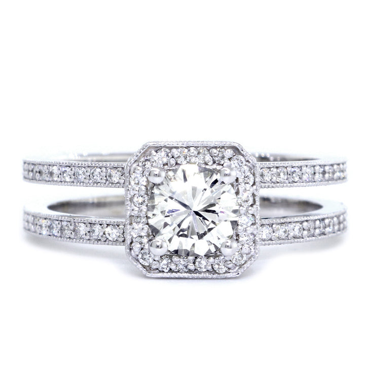 Split Band Halo Engagement Ring Setting for a Round Diamond, 0.50CT Total Sides in 14k White Gold