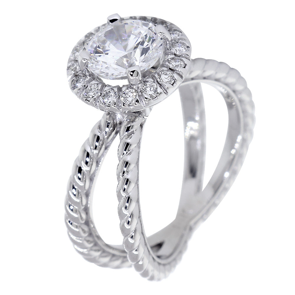 Diamond Halo Engagement Ring Setting with Crossover Rope Twist Band, 0.22CT Total Sides in 14k White Gold