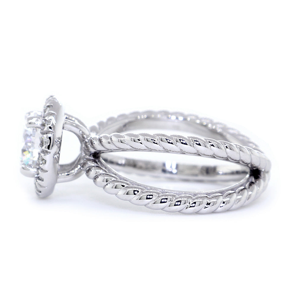 Diamond Halo Engagement Ring Setting with Crossover Rope Twist Band, 0.22CT Total Sides in 14k White Gold