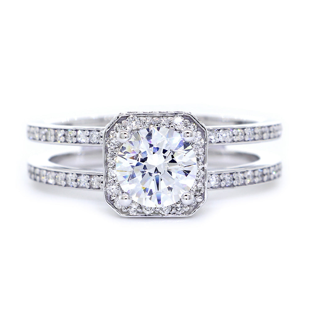 Split Band Halo Engagement Ring Setting for a 6mm Round Diamond, 0.50CT Total Sides in 14k White Gold