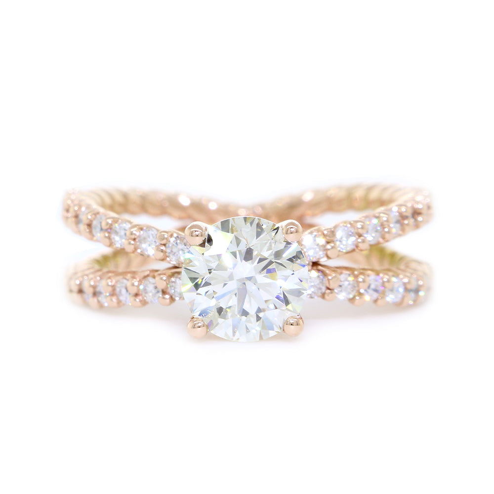 Twist Rope Crossover Engagement Ring Setting for a 1.0CT Round Center, 0.45CT Total Diamond Sides in 14k Pink, Rose Gold