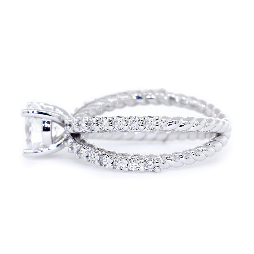 Twist Rope Crossover Engagement Ring Setting for a 1.0CT Round Center, 0.45CT Total Diamond Sides in 14k White Gold