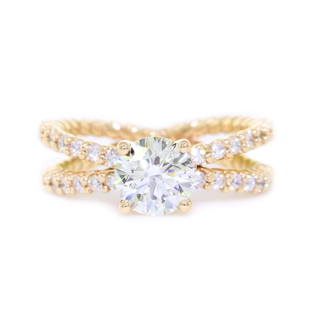 Twist Rope Crossover Engagement Ring Setting for a 1.0CT Round Center, 0.45CT Total Diamond Sides in 14k Yellow Gold