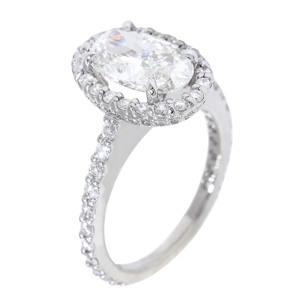Long Oval Halo Diamond Engagement Ring Setting, 10mm x 6.5mm Center, 0.75CT Total Sides in 14k White Gold