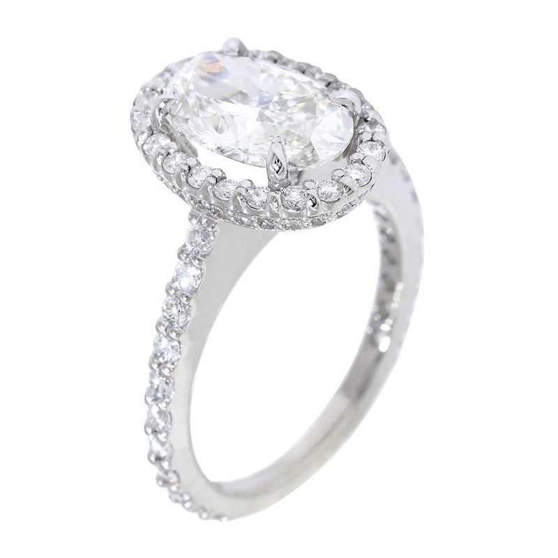 Long Oval Halo Diamond Engagement Ring Setting, 10mm x 6.5mm Center, 0.75CT Total Sides in 14k White Gold