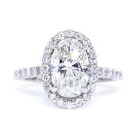Long Oval Halo Diamond Engagement Ring Setting, 10mm x 6.5mm Center, 0.75CT Total Sides in 14k White Gold