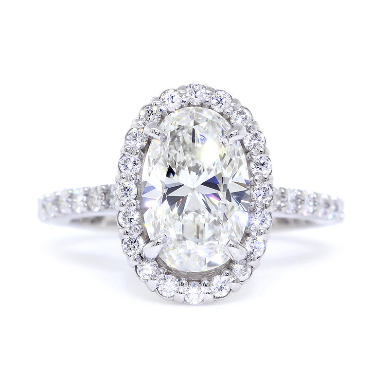 Long Oval Halo Diamond Engagement Ring Setting, 10mm x 6.5mm Center, 0.75CT Total Sides in 14k White Gold