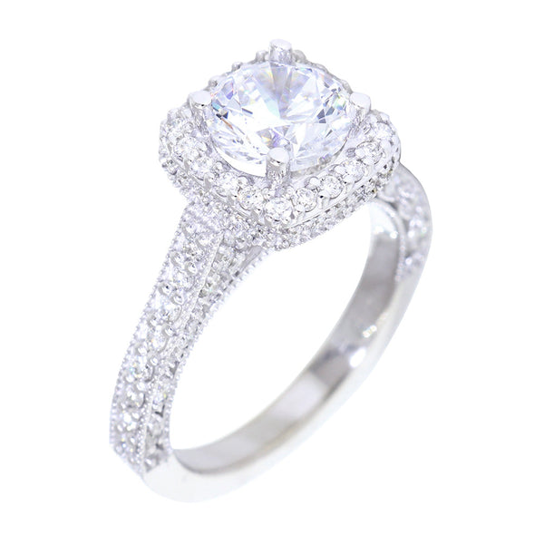 Vintage Style Cushion Halo 1.25CT Round Center Diamond Engagement Ring Setting, 0.76CT Total Sides in 14k White Gold