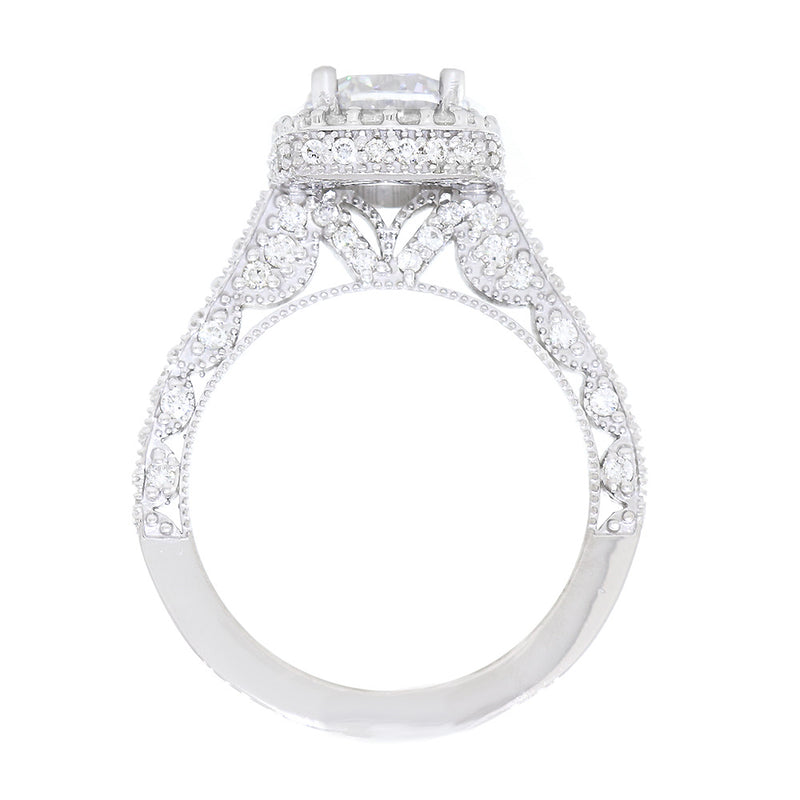 Vintage Style Cushion Halo 1.25CT Round Center Diamond Engagement Ring Setting, 0.76CT Total Sides in 14k White Gold