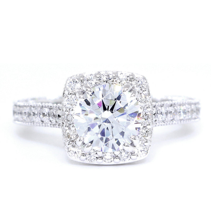 Vintage Style Cushion Halo and 7mm Round Diamond Center Engagement Ring Setting, 0.95CT Total Sides in 14k White Gold