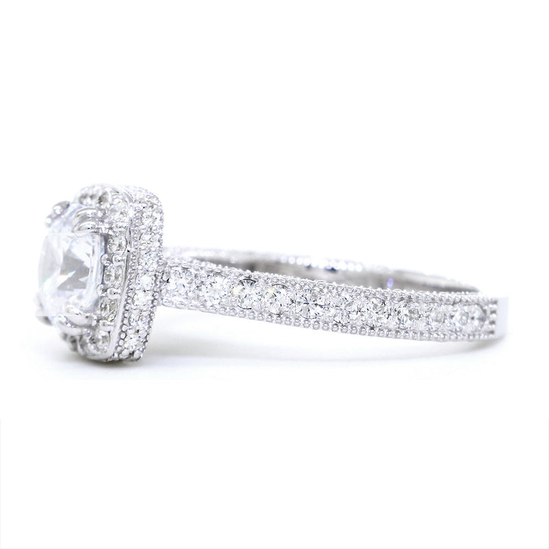 Vintage Style Cushion Halo and 7mm Round Diamond Center Engagement Ring Setting, 0.95CT Total Sides in 14k White Gold